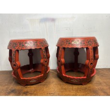 07019 pairs of antique red lacquer drum stools 