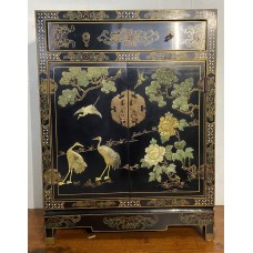 04031 Chinese black & gold lacquer with shell and marble inlay cabinet    ***  SOLD  ***